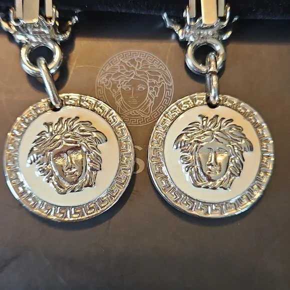 Versace Silver Black White Medusa Drop Clip Earrings Reversible